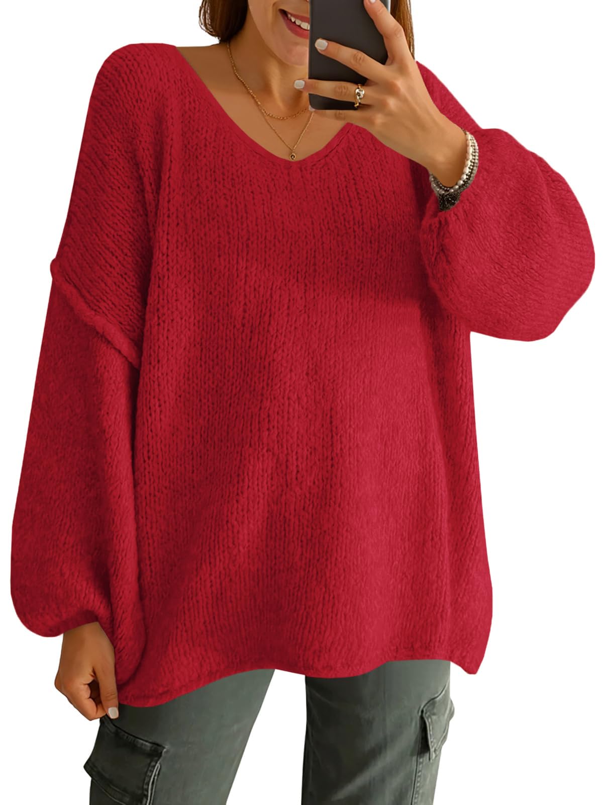 UNCLECAT Womens Oversized V Neck Sweaters Chunky Knit Long Lantern Sleeve Fall Winter Slouchy Tunic Casual Sweater Tops