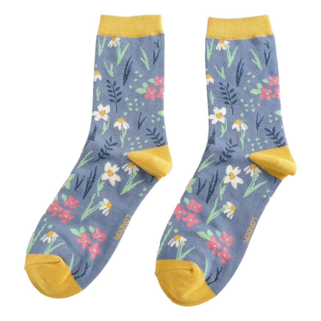 Mr Sparrow Meadow Flowers on Denim Blue Womens Novelty Ankle Socks Adult One Size