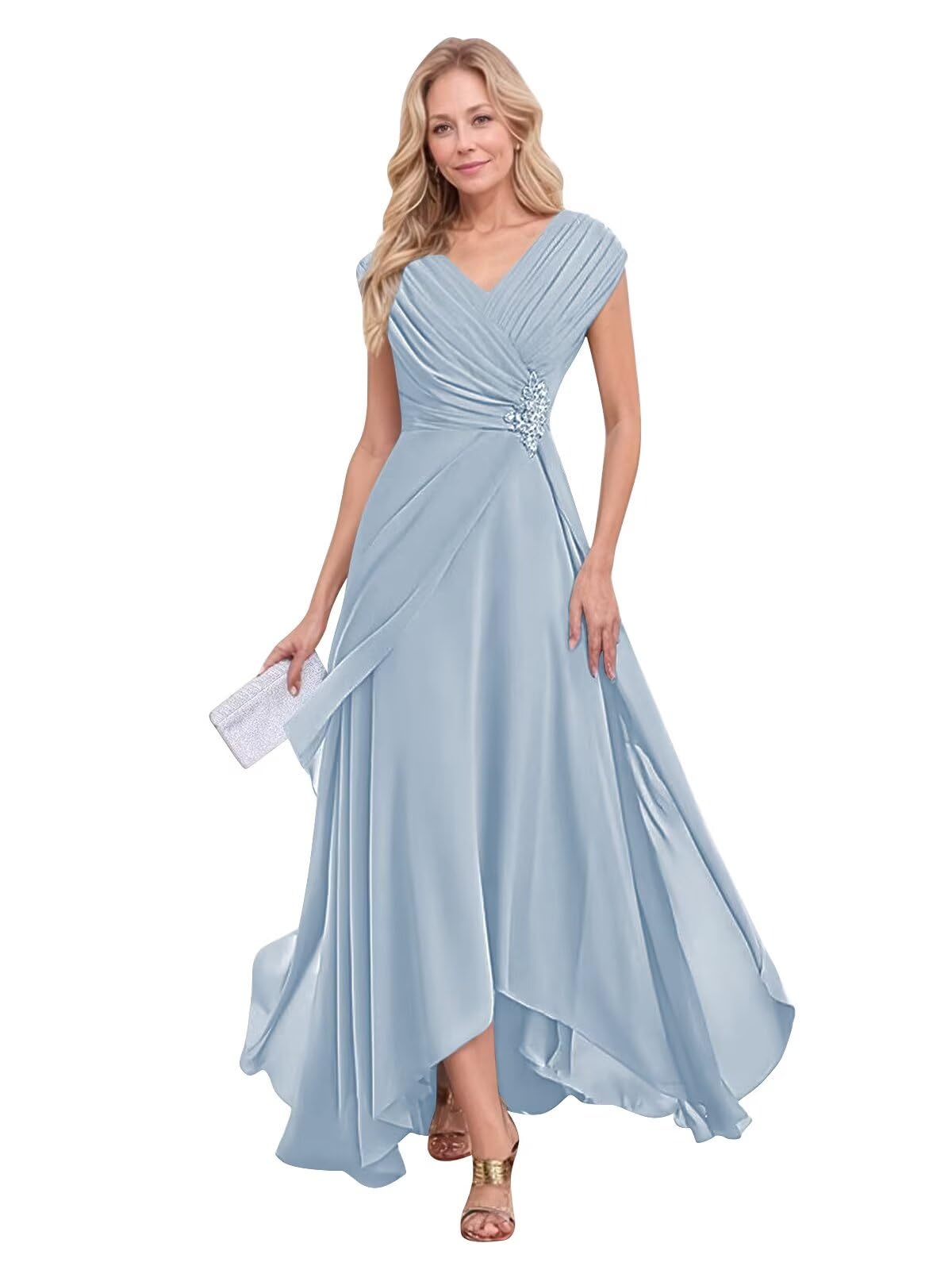Chiffon Pleated Mother of The Bride Dresses Mid Length Lace Evening Gown for Women V Neck Formal Wedding Guest Dress
