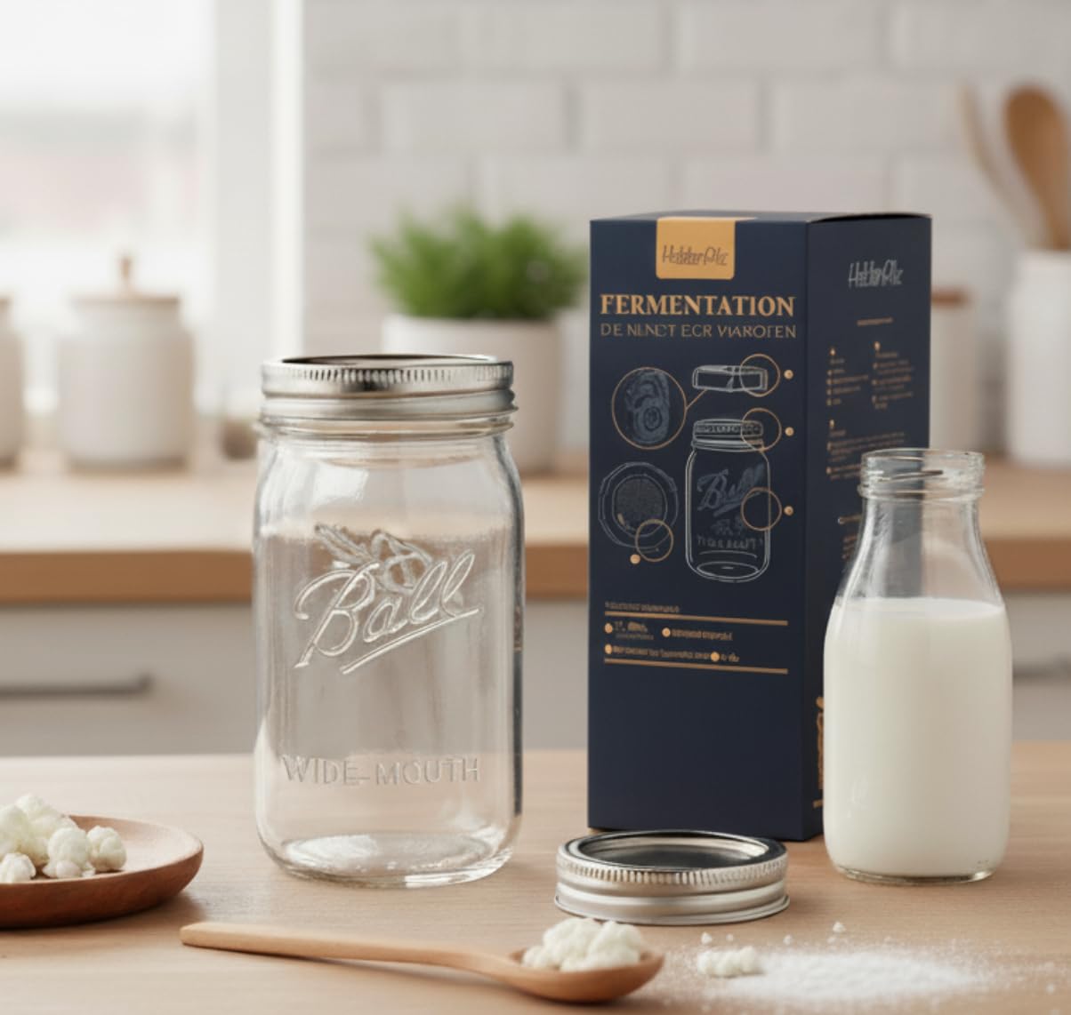 HeldenPilz® Milchkefir Starter Set – inkl. 600 ml Mason Ball Glas, Schraubsieb, Edelstahldeckel & echter Milchkefir-Kultur | Fermentationsset für selbstgemachten probiotischen Kefir | DIY Fermentation