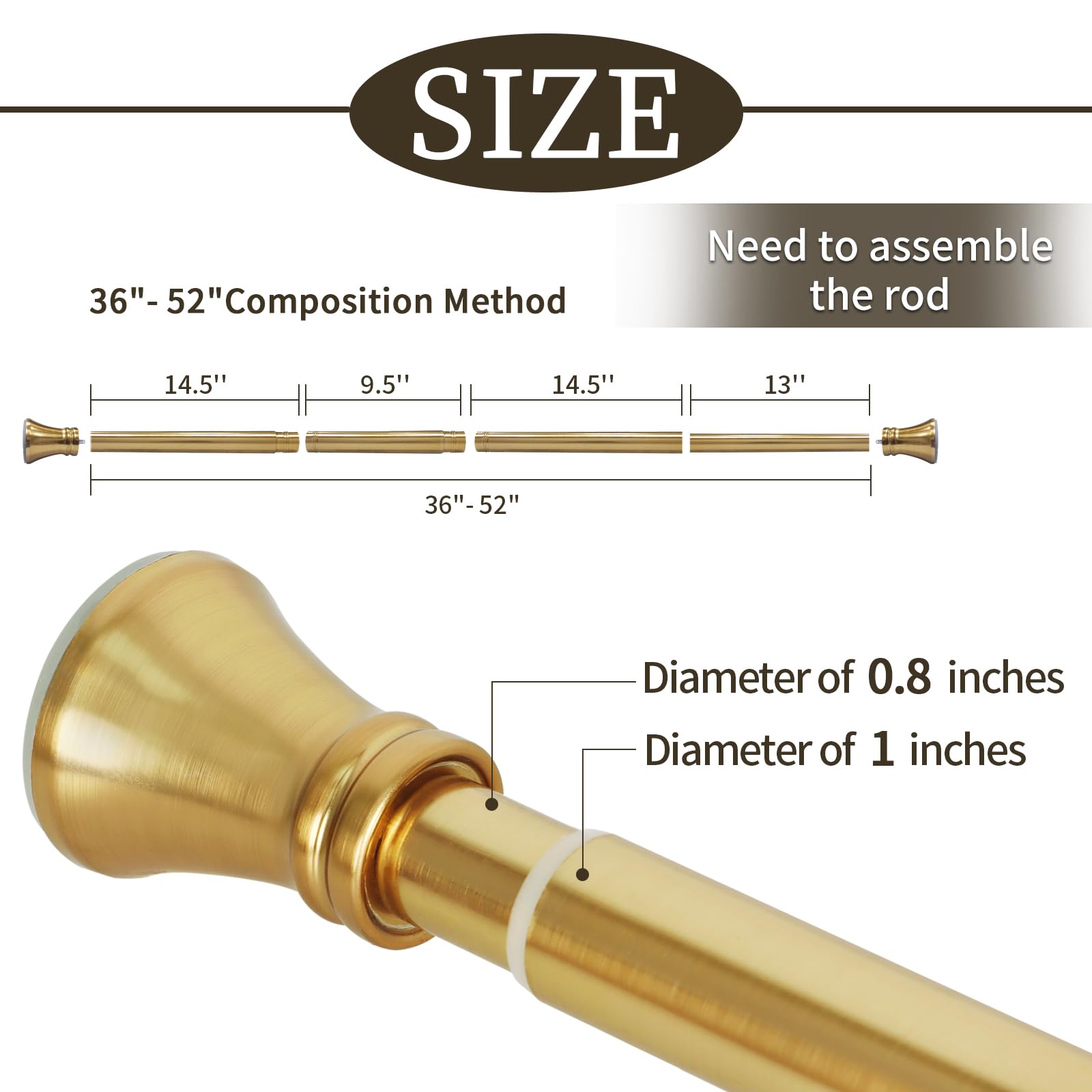 YNL Tension Curtain Rod, Short Tension Rods 36-52 Inches with 12 Shower Curtain Rings, Non-Slip, Never Rust, No Drilling Adjustable Tension Rod for Closet & Laundry & Doorways, Brushed Gold