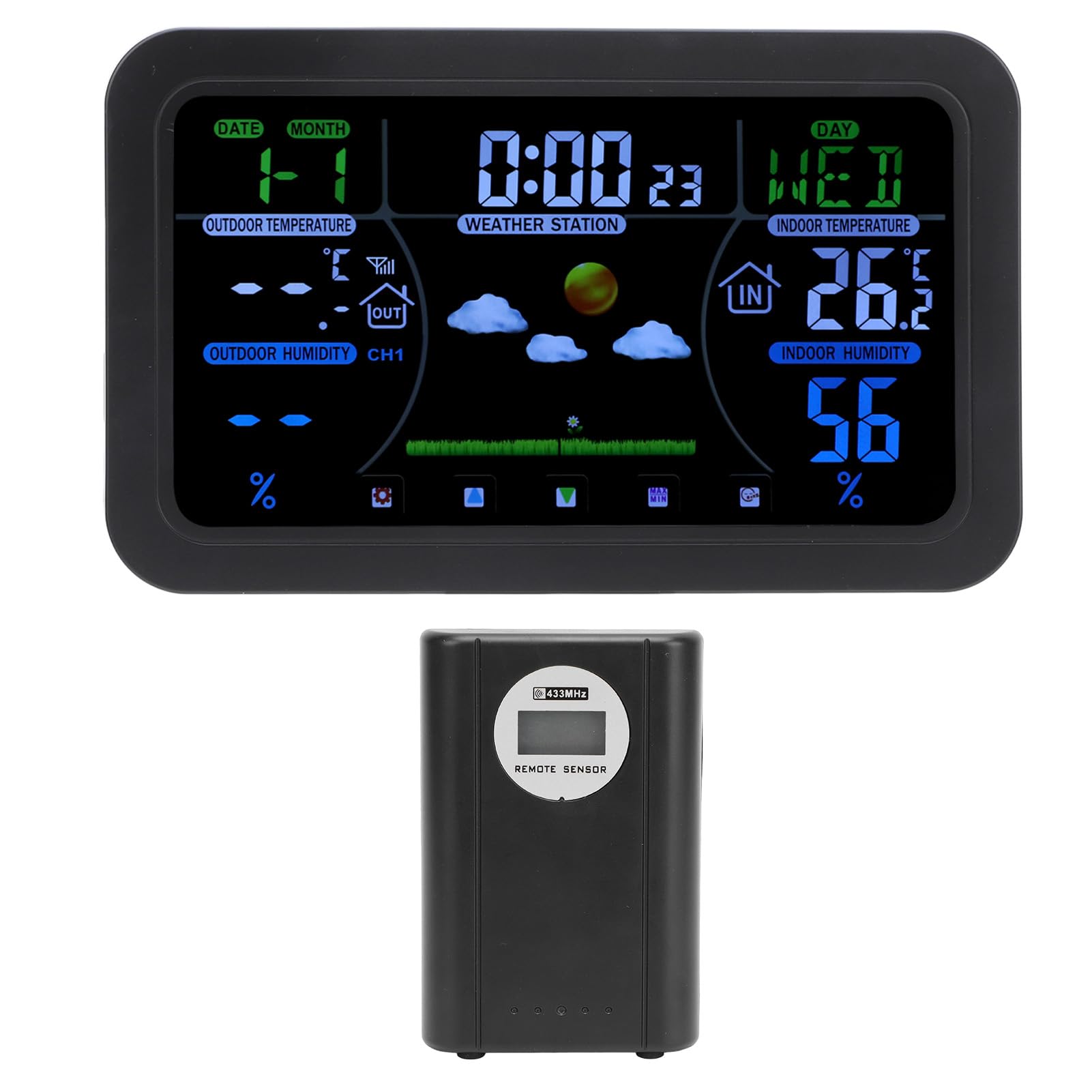 Weather Station Indoor Outdoor Thermometer Wire Less Digital Atomic Clock Large Display Adjustable Backlight,Inside Outside Temperature Humidity Monitor Home Weather Thermometer