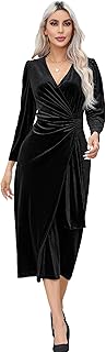Womens Velvet V Neck Wrap Dress Fall Winter Long Sleeve Waist Ruched Ela...