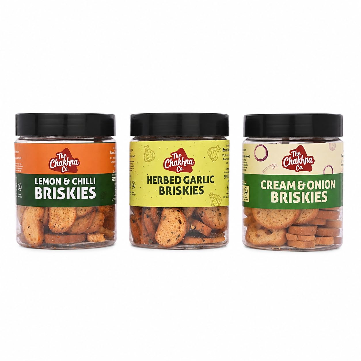 The Chakhna Co Briskies 3-Flavor Combo Pack | Lemon Chilli + Herbed Garlic + Cream Onion | Baked Mini Rusks | Party Snack Gift Set | 270g-image-21