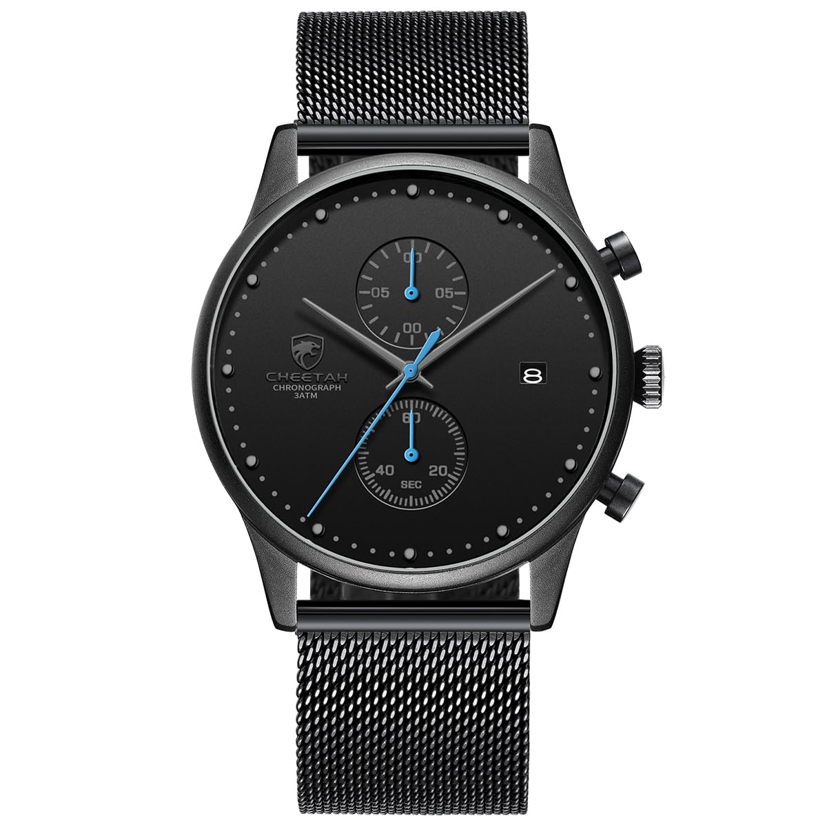 CHEETAHCHEETAH Mens Watches Analog Quartz Chronograph Waterproof Stainless Steel Mesh Strap, Auto Date