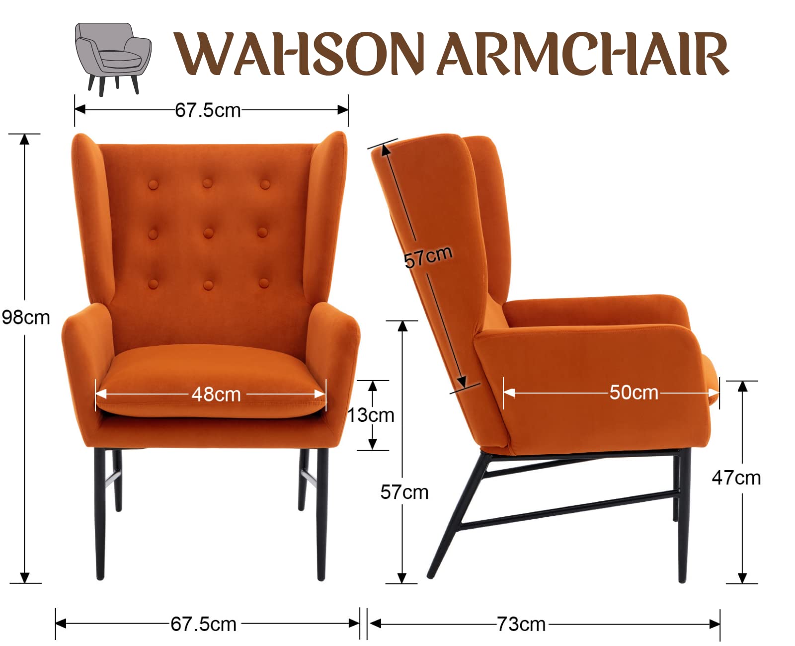Wahson Sillón de Salón Relax Tapizado de Terciopelo con Reposabrazos Butaca de Ocio de Asiento Grueso con Patas Negras Metálicas para Sala de Estar/Balcón/Habitación(Naranja)