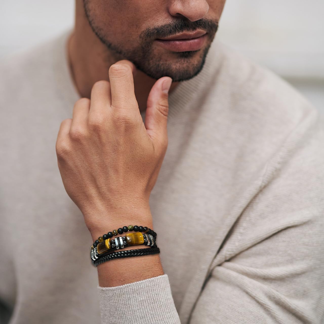 Mens Tiger Eye Leather Bracelet, Natural Tiger Eye Stone Beads Multi-Layer Braided Cuff Bracelets for Men, Stainless Steel with Buckle Memorial Bangle Gifts for Him - Image 3