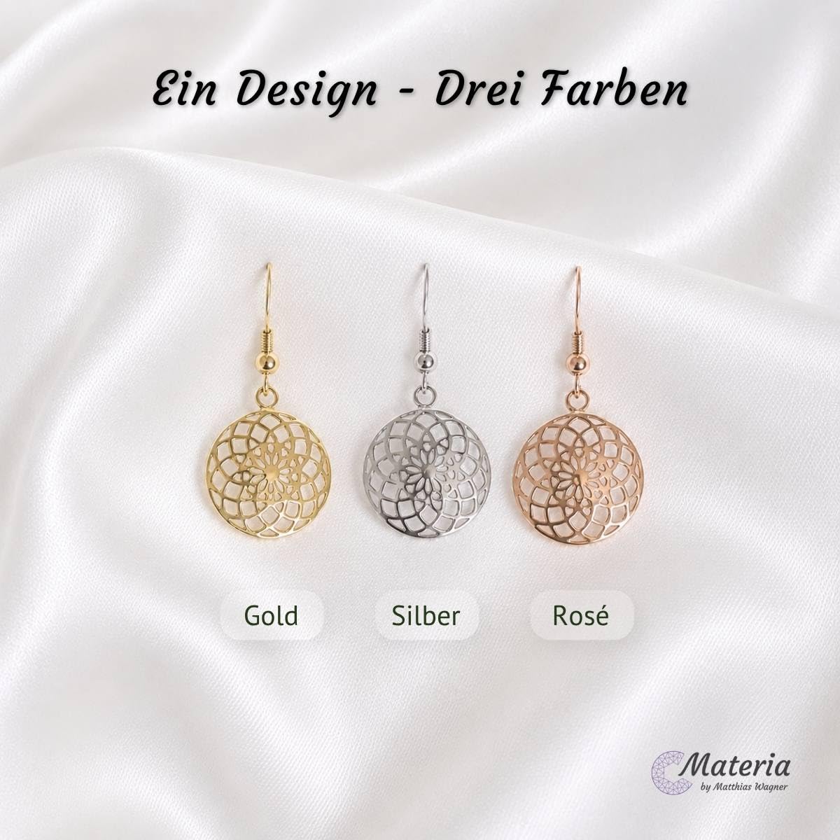 MATERIA Damen Ohrringe Blume hängend rund - 925 Silber Ohrhänger Mandala rhodiniert, rosegold oder gold vergoldet