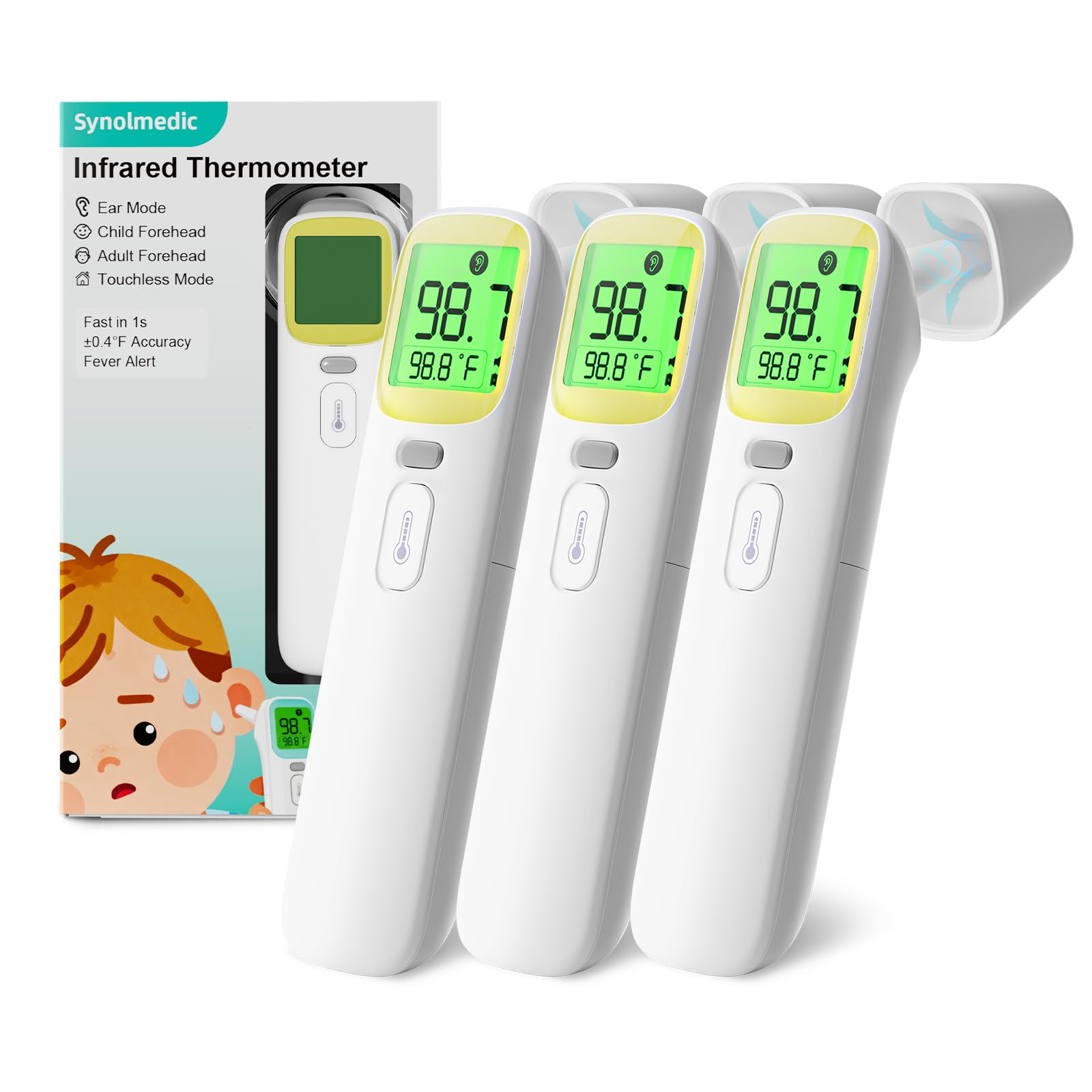 Synolmedic Ear Thermometer, Accurate Digital Baby Thermometer with Fever Alarm, Infrared Thermometer for Ear, Forehead & Touchless, Thermometer for