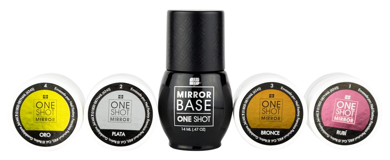 ONE SHOT LACCOVER - Chrome Nail Powder Set - Holographic Gold Nail Powder 4 Colors Metallic Mirror Manicure Pigment & Mirror Base Coat Set for Nails, 1/8 Oz Each One + Mirror Base 1/2 fl Oz.