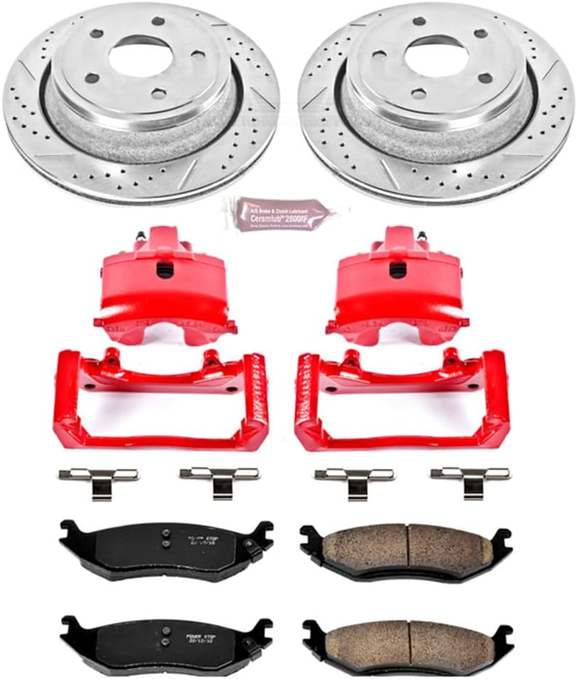 PowerStop Rear Brake Kit For Chrysler Aspen 2007-09 |Dodge Durango 2004-09 |Ram 1500 2002-10 - Powder Coated Calipers + Carbon Fiber Ceramic Brake Pads + Drilled & Slotted Rotors Upgrade, KC2172