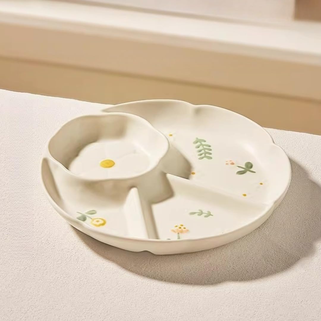 Daisy 8.5 Inch Ceramic Sectioned Dinner Plate for Portion Control, Microwave Safe, Elegant Individual Serving Dish for Adults & Kids