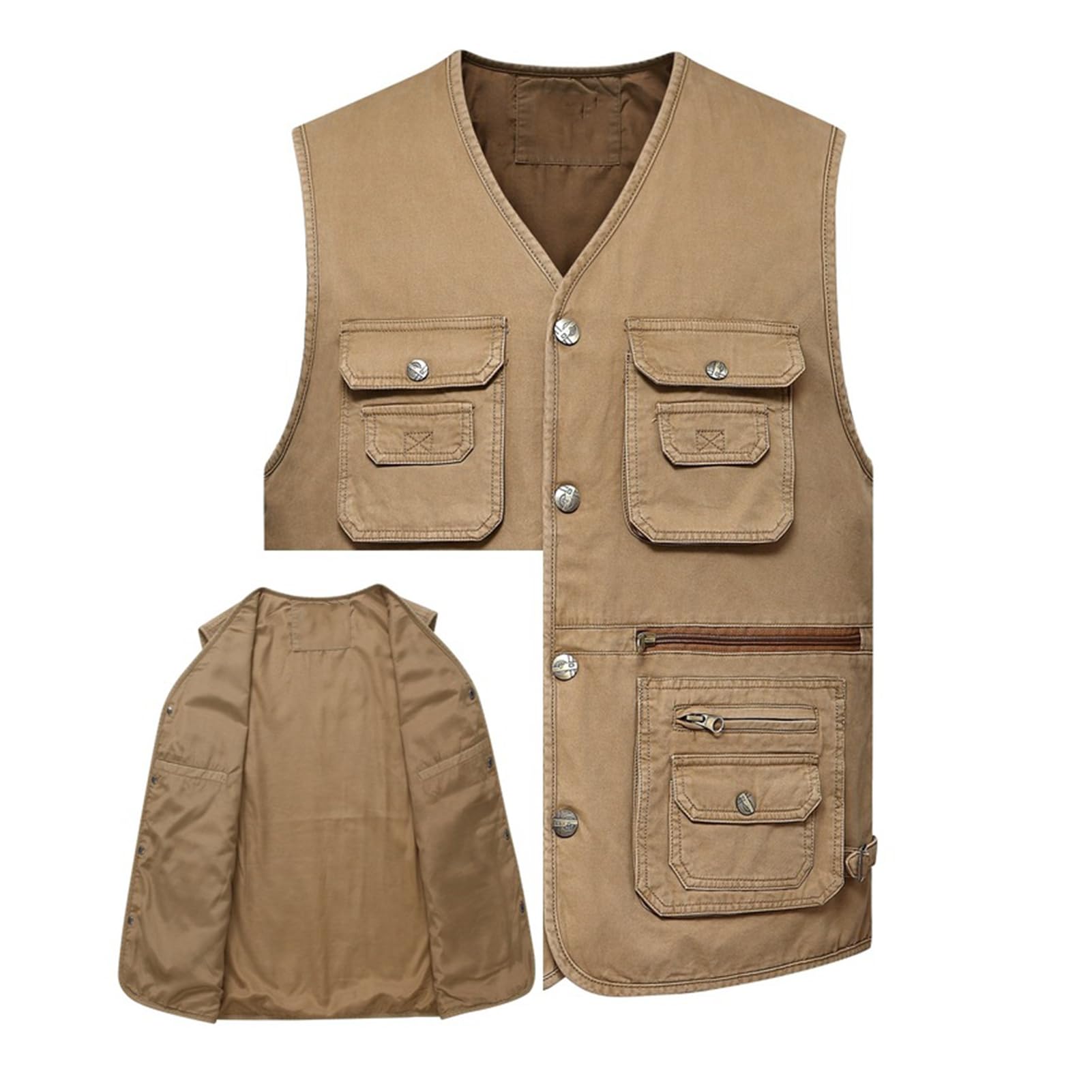 Uomo All'aperto Gilet Giacca Multi Tasca Vest Senza Maniche Panciotto Pesca Cappotto Leggero Traspirante Giubbotto Fotografia Utility Sport Giubbotto Top Khaki-XXL