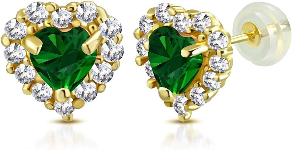 14K Yellow Gold Love Heart Multicolor Birthstone CZ Young Ladies Stud Earrings, 0.20"