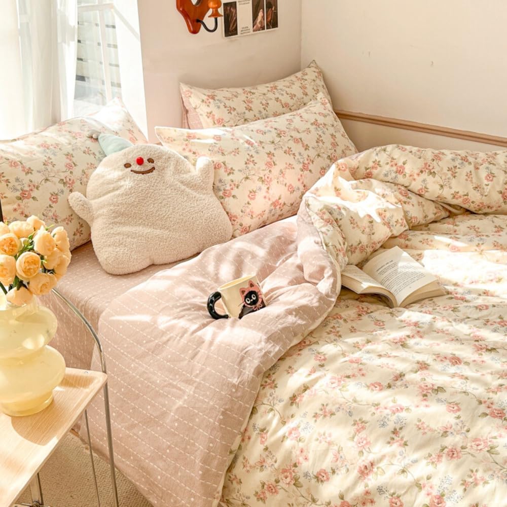 Michorinee Single Duvet Cover Set Pink Floral Flowers Beige Bedding Set Aesthetic Clean Girl Botanical Renforce Microfibre Bed Comforter Quilt Cover Set 135x200 cm with Zipper Closure Pillowcase 50x75 — image 1