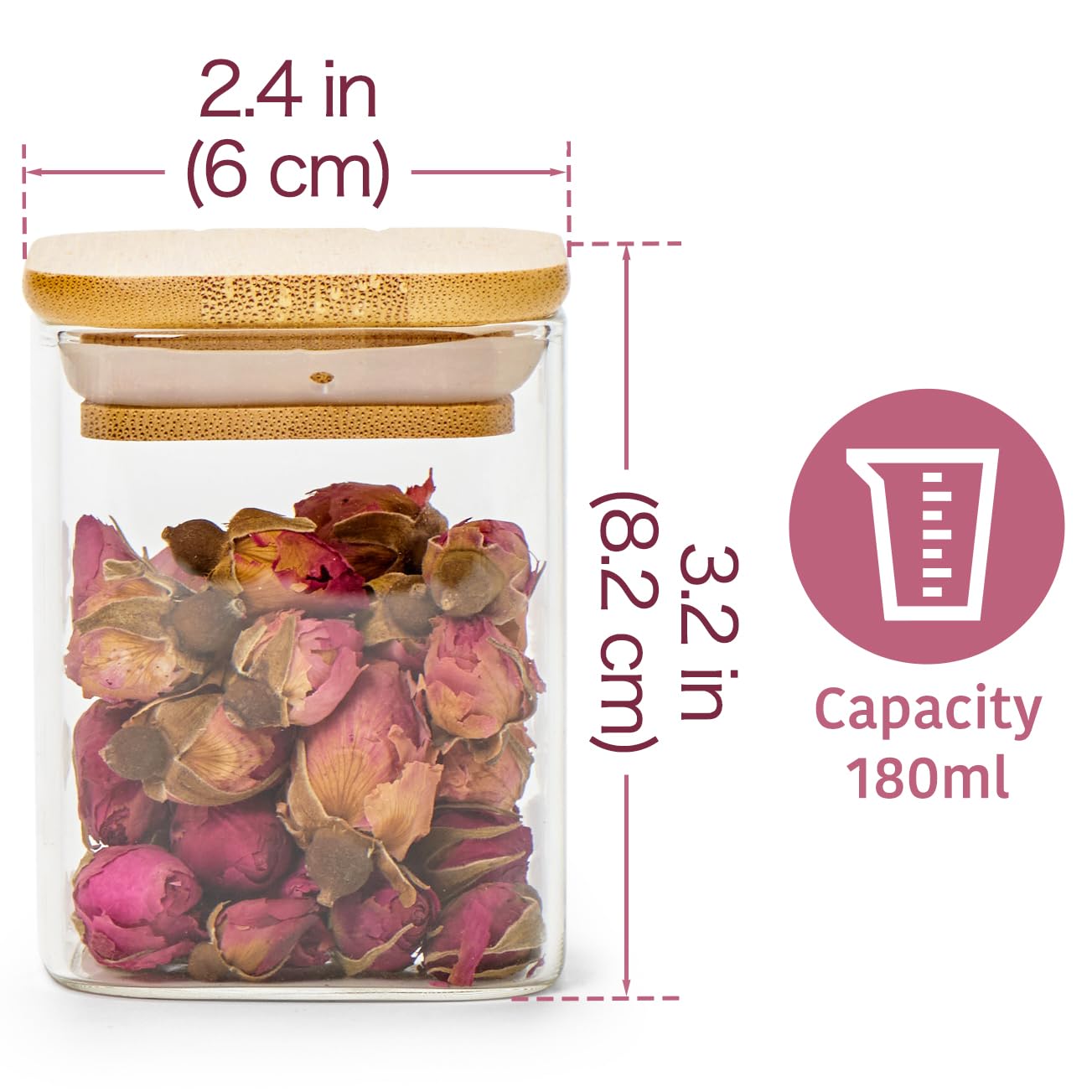 EZOWare - Lote de 12 tarros de especias cuadrados de cristal, 180 ml, pequeños frascos herméticos con tapa de bambú de almacenamiento para conservar especias de cocina, té, hierbas