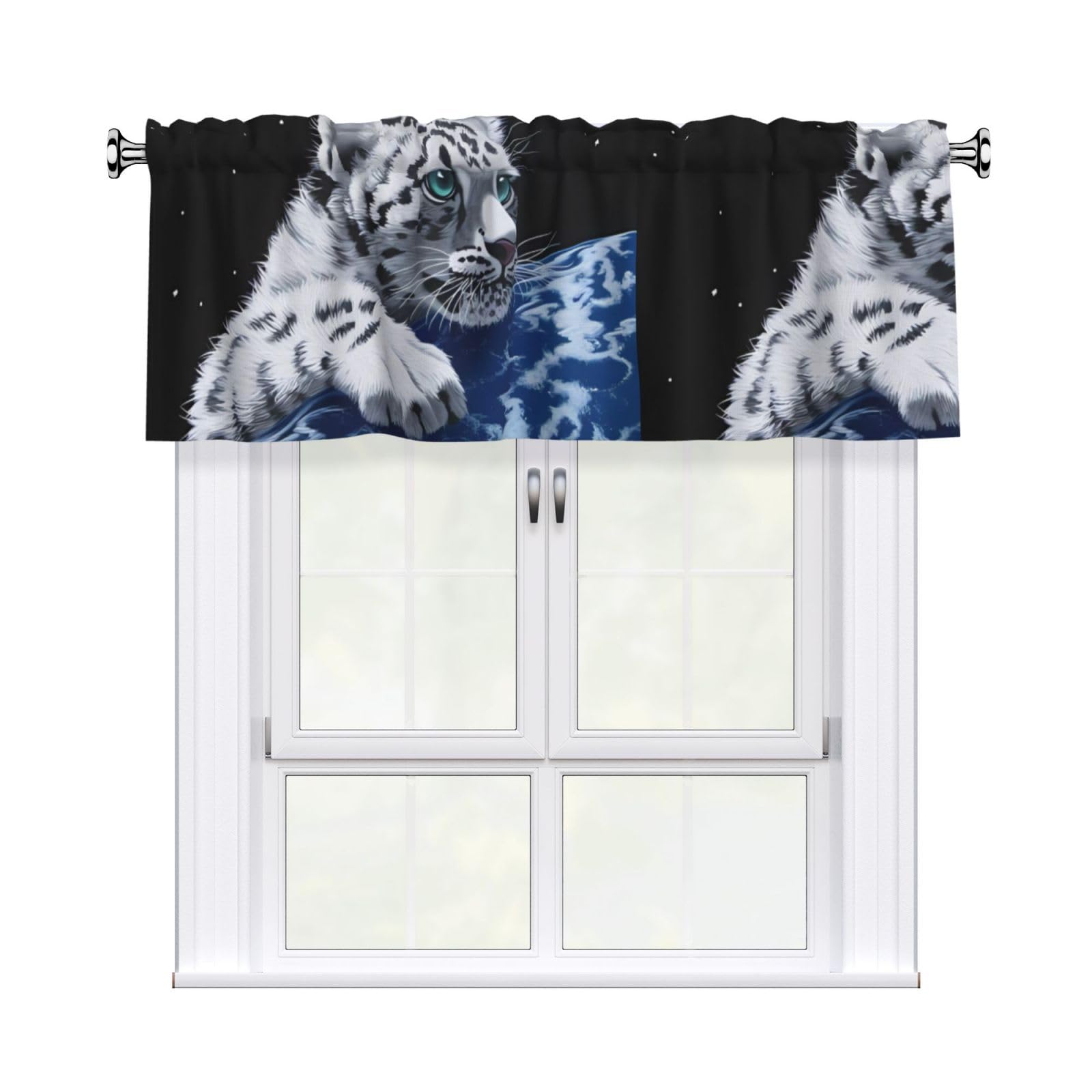 HJFCZH WHJSSF Little Tiger in Space Prints 54x18in Curtain Valance - Peach Skin Polyester Kitchen Cover with Light Filtering Floral & 3" Rod Pocket