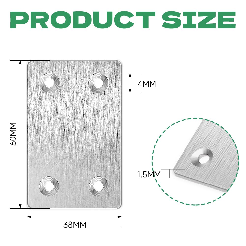 10 piastre forate in metallo, connettori piatti in acciaio inox, connettori per legno (60 x 38 x 1,5 mm), lamiera di collegamento, lamiera forata, ferro piatto forato, connettore, piastre