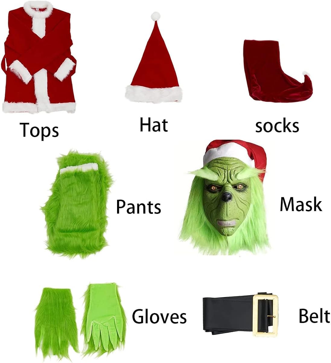 Miniatura 5 de WPOZD Christmas Deluxe Green Monster Costume - 7PCS Adult Suit Deluxe Adult with Green Monster Mask and Red Christmas Hat