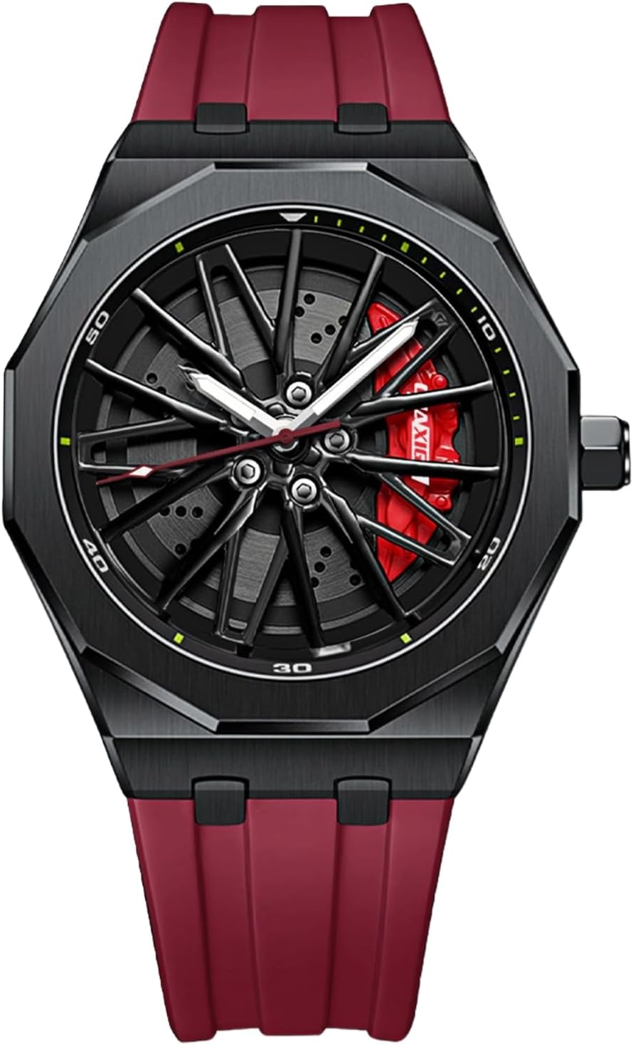 Gosasa Men’s Fashion Racing Wheel Design Watch Creative 3D Spinning Car Wheel Rotating Luminous Quartz Watches 30M Waterproof Sports Wristwatch with Rubber Strap