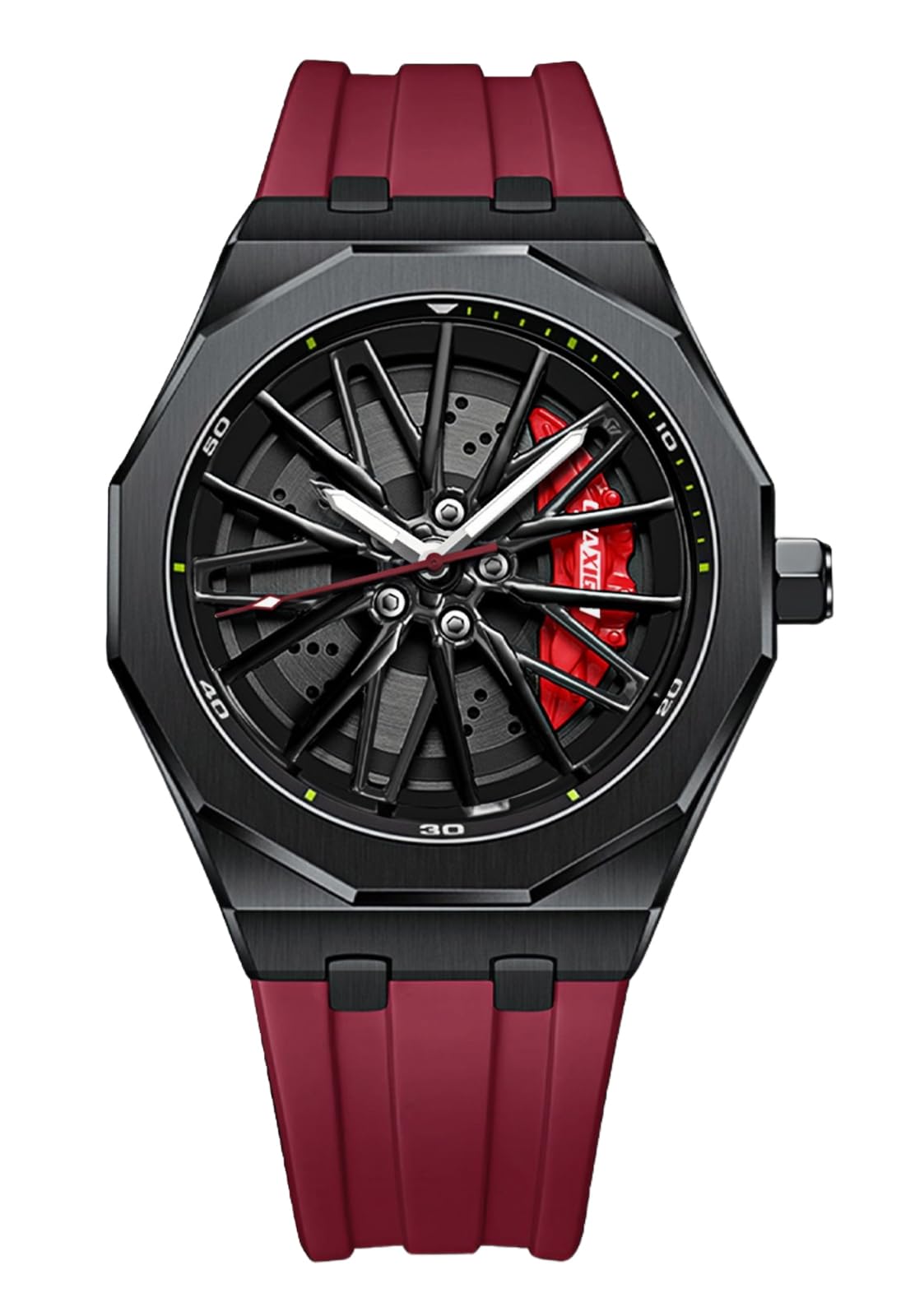 Gosasa Mens Fashion Racing Wheel Design Watch Creative 3D Spinning Car Wheel Rotating Luminous Quartz Watches 30M Waterproof Sports Wristwatch with Rubber Strap Red
