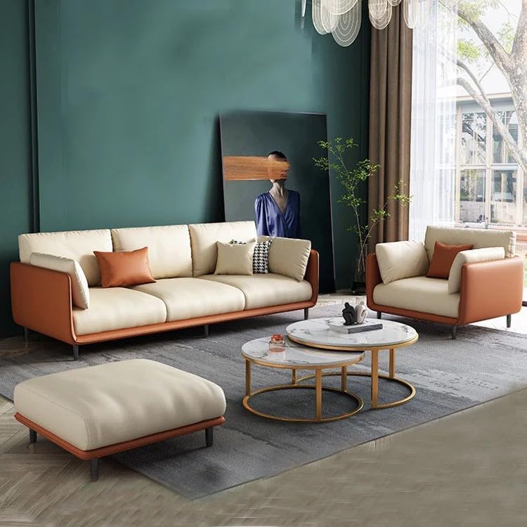 Image of Chesterfield Velvet Upholstery 3-Seater with Armchair and Footrest, Design in 3+1+Footrest Sofa for Living Room, Bedroom, Hallways (Beige & Orange)