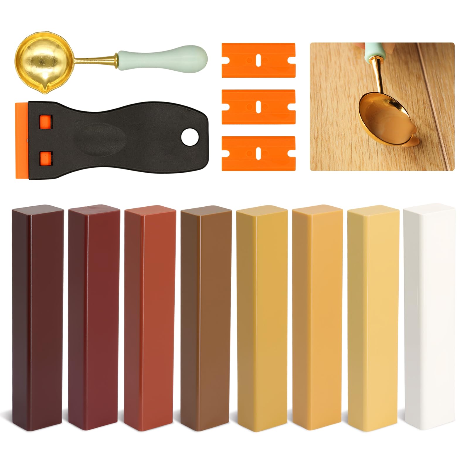 Kit Riparazione Legno 8 Colori Marrone, Stucco per Legno, Stucco per Legno Riempitivo, Cera per Legno, Stucco Parquet, Cera Legno per Riparare Graffi, Crepe e Fori su Laminato e Legno