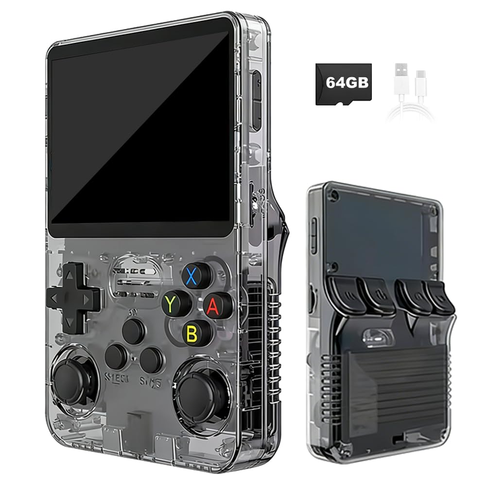 R36s Handheld Spielkonsole, Retro Handheld Spielkonsole mit 3,5 Zoll Display, 64 GB TF Karte und 15,000+ Klassischen Spielen, Tragbare R36s Handheld Spielekonsole (Schwarz)