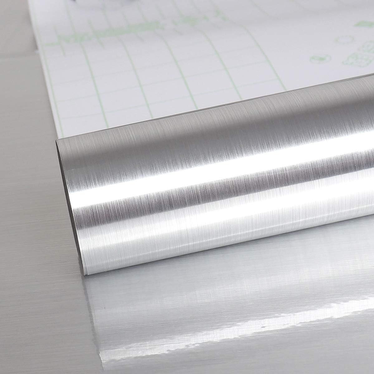 VEELIKE 15.74"x118.11" Silver Stainless Steel Contact Paper Rust Resistance Waterproof Removable Peel and Stick Wallpaper for Metal Surface Kitchen Cabinet Refrigerator Elevator Door