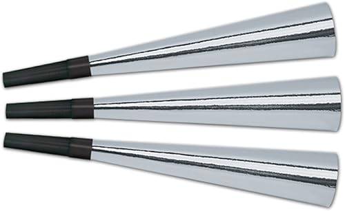 Beistle Cuernos de fiesta metálicos de aluminio para 15 personas, silenciadores plateados de Noisemakers de Nochevieja con boquilla negra,