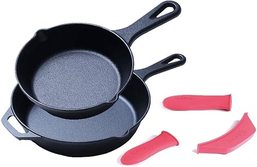 Hierro fundido, sartén pre-sazonada con mango de silicona (8 pulgadas + 12 pulgadas)