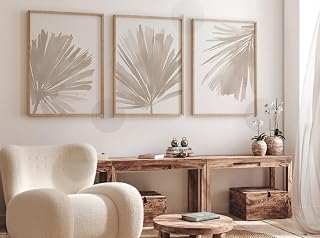 NATVVA Wall Decor 3 Pieces Minimalist Beige Botanical Canvas Painting Prints Art Poster Beige Palm Leaves Pictures for Beach House Decor with Wooden Inner Frame