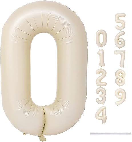 Miniatura 9 de Globos color crema de 40 pulgadas con números grandes del 0 al 9, globos autoinflables de helio con el número 0 de arena blanca para niños y niñas,