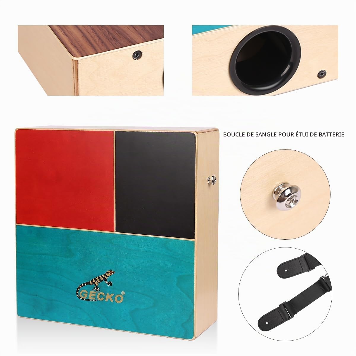GECKO Cajon Cajon double face en bois avec sons de bongo et de cordes de guitare, percussion à main portable pour batteurs débutants et professionnels, bouleau et noyer, sac de transport inclus