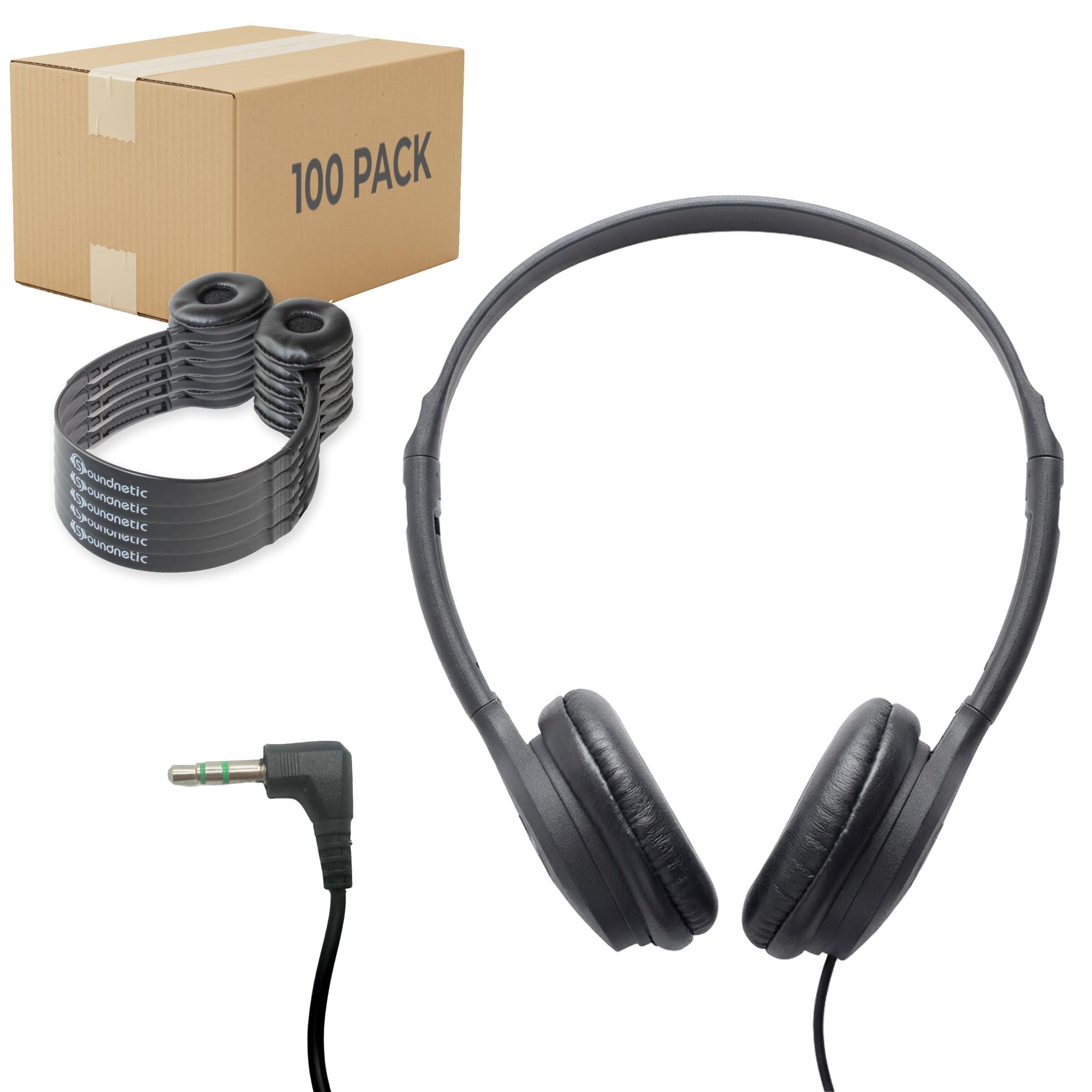 Soundnetic SN313 Bulk Classroom Headphones 100 Pack – Over The Head Stereo Headphones with Leatherette Earpads, Black – Ideal for Schools
