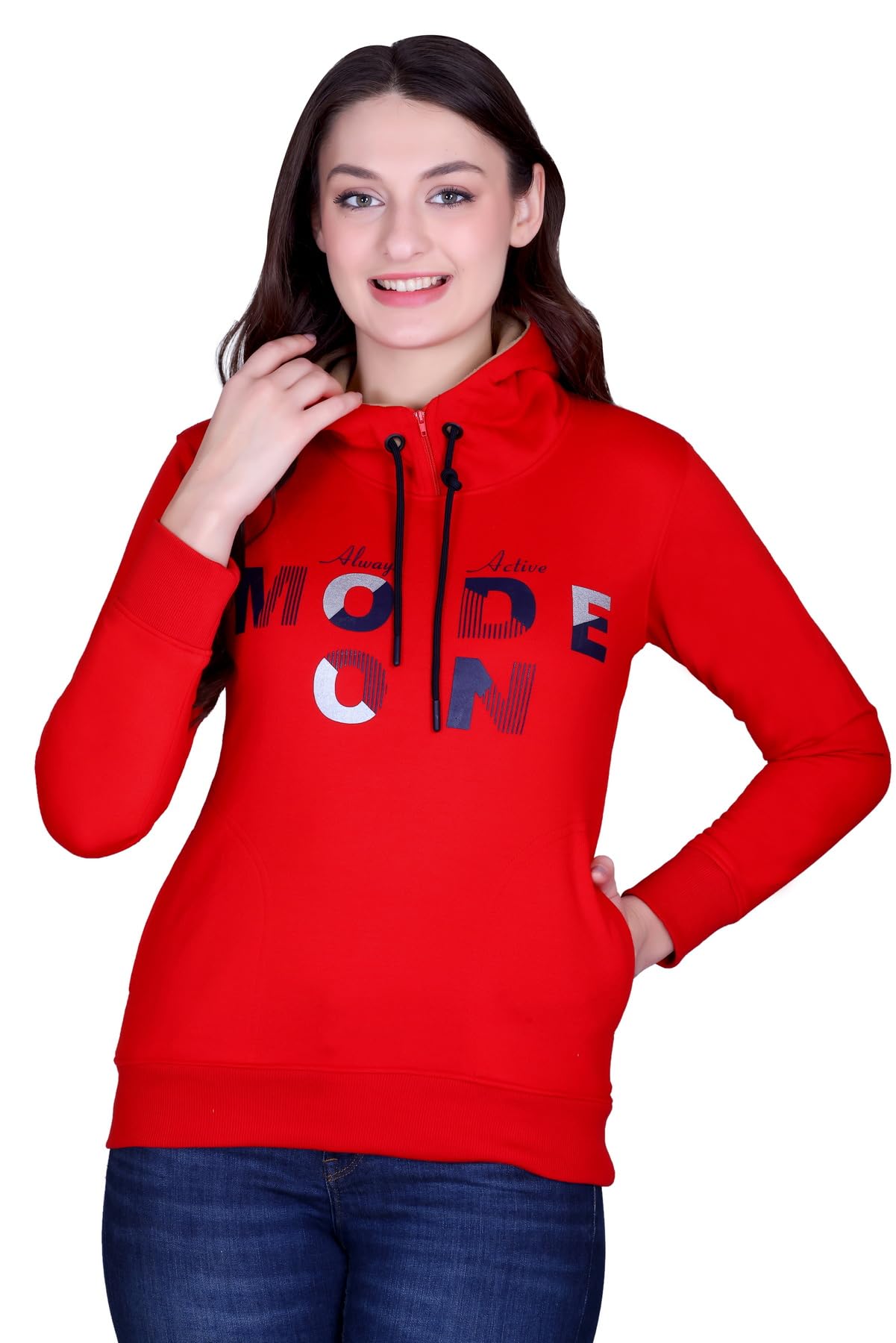 hold Mode ON Women's Red Printed Hoodie Sweatshirt, Fleece Fabric, Half Zip Pullover, Casual Wear, Long Sleeve, Drawstring Hood-picture-2