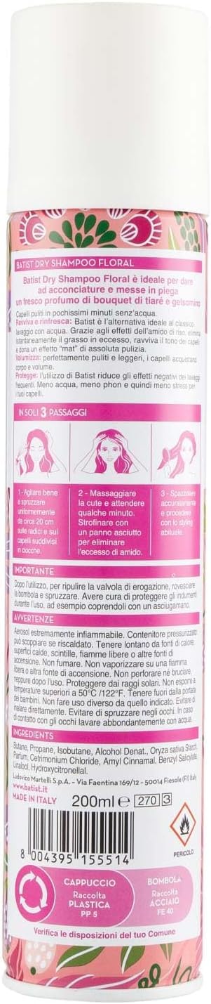 Batist Dry Shampoo Floral - Champú en seco que limpia el cabello en pocos minutos sin agua con el aroma de Tiaré-Bouquet y jazmín 200 ml + llavero Beni Culinari gratuito