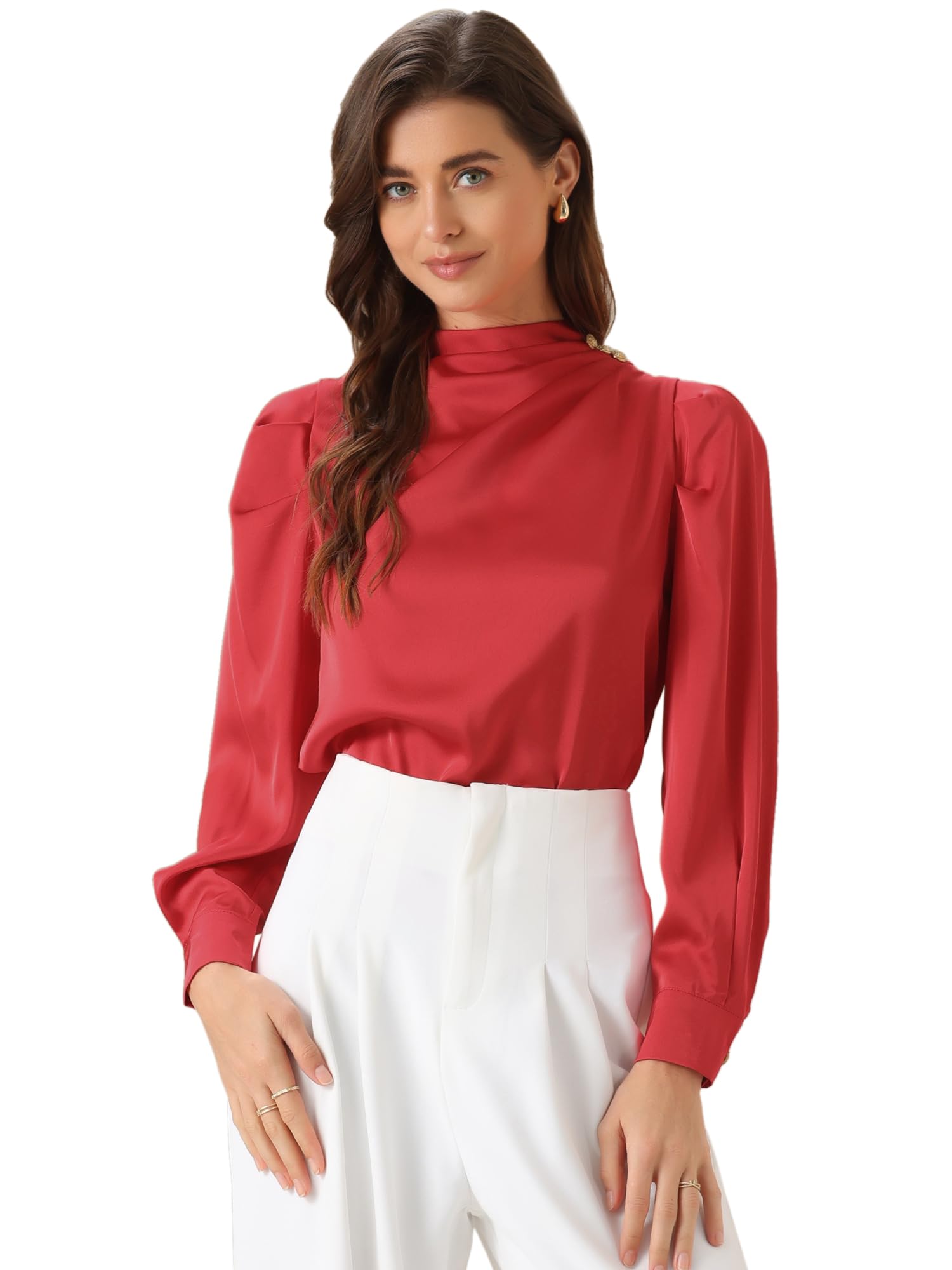 Allegra K Chemisier plissé en satin pour femme, col montant, manches bouffantes, haut habillé et décontracté