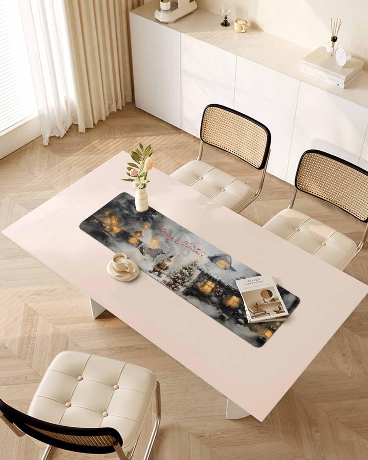 Debedcor Heat Proof Table Pads Waterproof Decorative, Merry Christmas Non-Slip Table Countertop Protector, Rustic Xmas Santa Trees Snowing Insulation Mat for Dining Room, 48 x 12 Inches