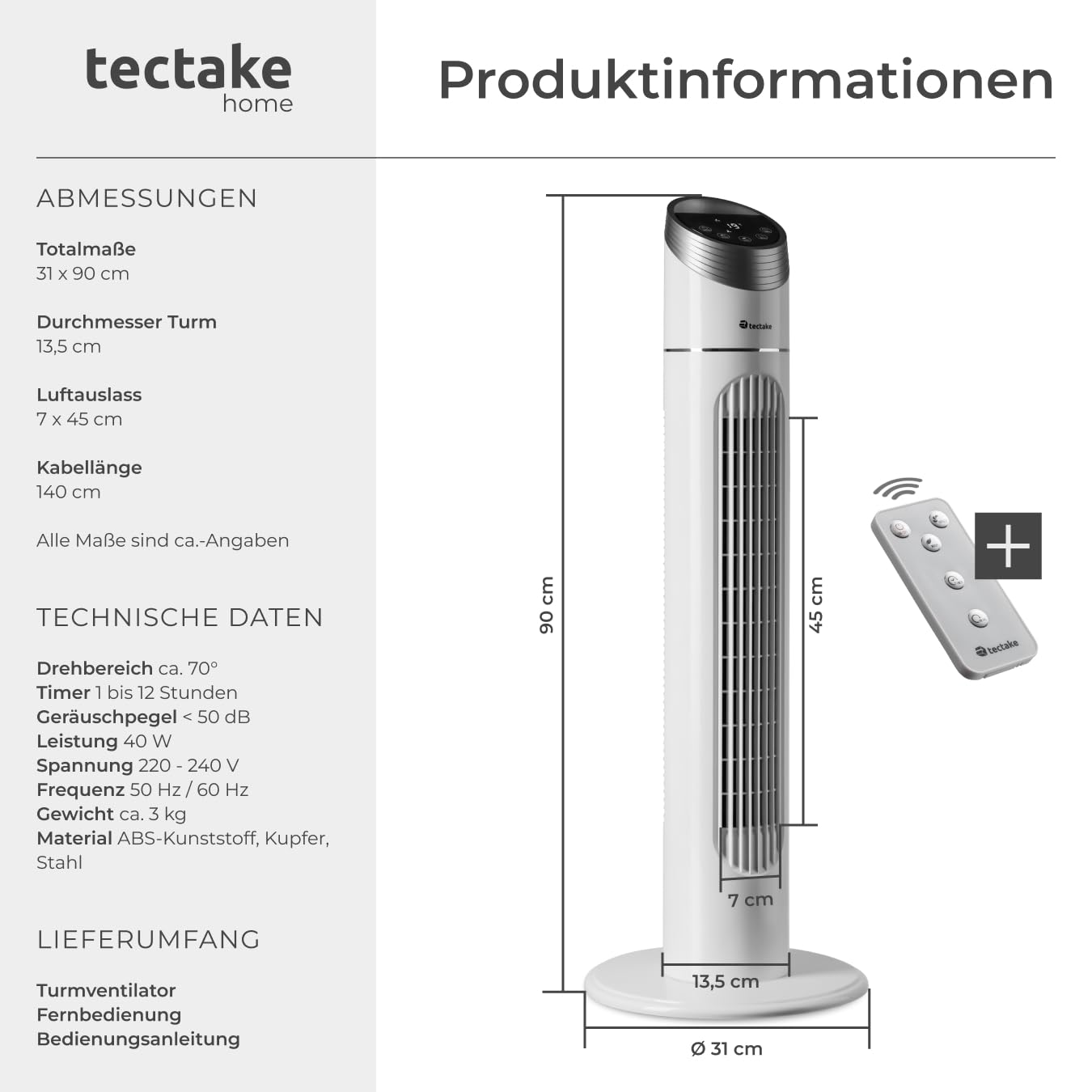 tectake® Turmventilator mit Touch-Bedienfeld mit LED-Beleuchtung & Temperaturanzeige, 3 Geschwindigkeitsstufen, 3 Windmodi, 70° Drehung, einstellbarer Timer, Fernbedienung & Transportgriff - 90cm