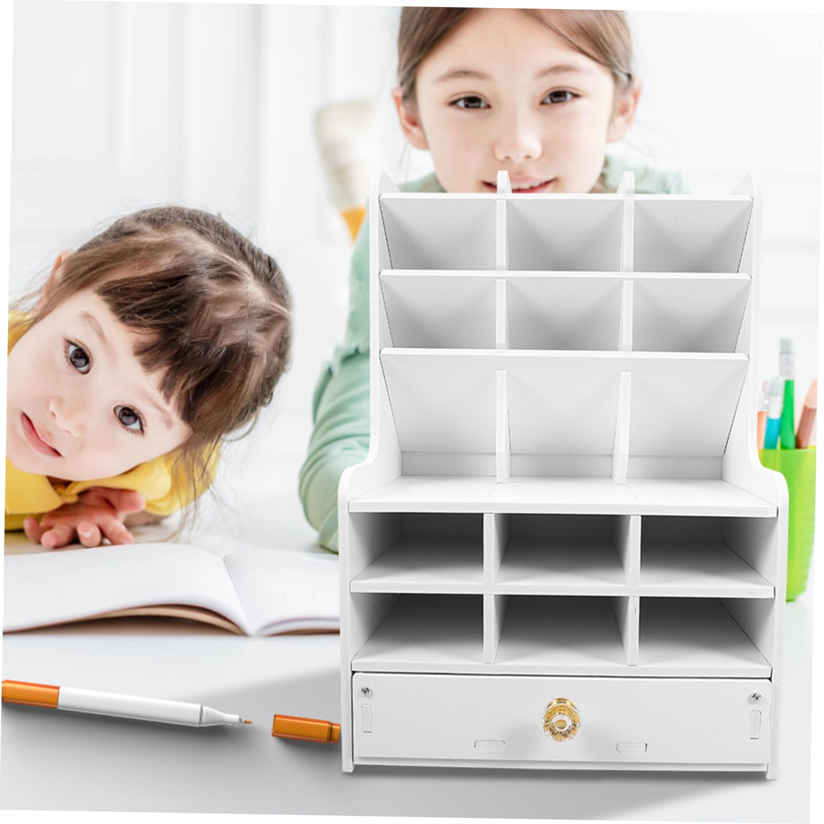 Uonlytech Organizador de Escritorio Cajón de Gran Capacidad en Pvc Madera Plástico Blanco para Oficina y Escuela, Práctico Portalápices Multifuncional y Cómodo de Usar