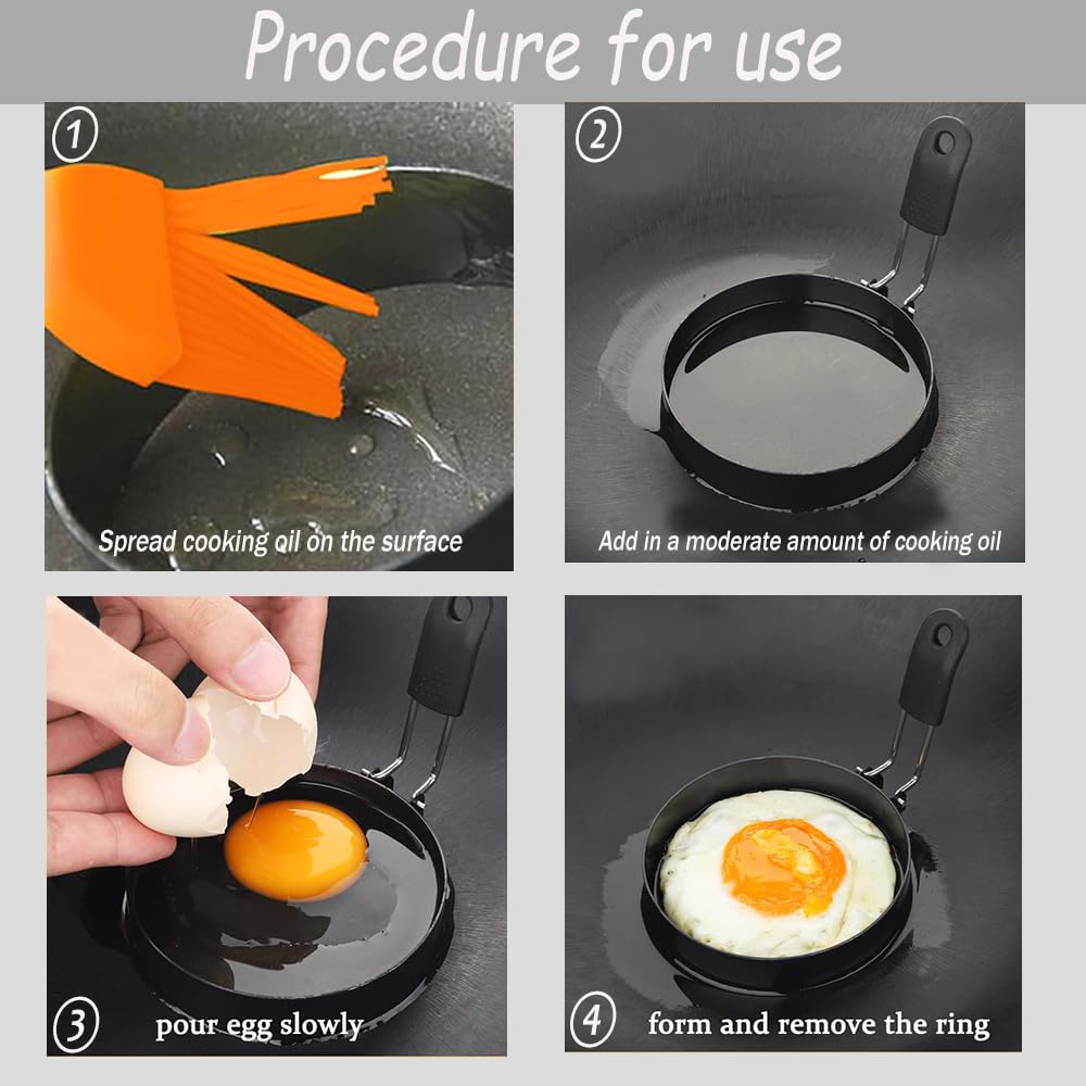 RHQFDM 4 Moules à Œuf Inox Anti-adhésif 9 Cm + Poignées Pliantes + Pinceau Silicone - Idéal Omelettes & Burgers