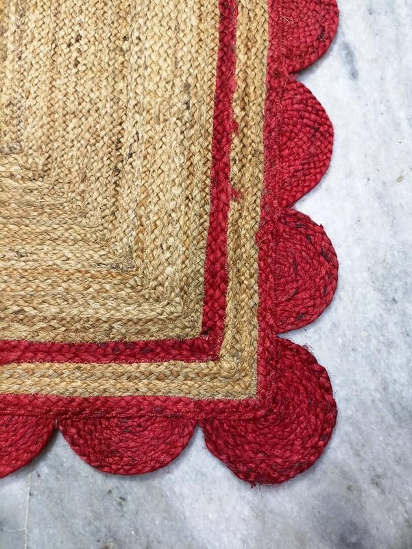Alfombra festoneada de yute rojo y natural, tejida a mano, respetuosa con el medio ambiente, duradera y respetuosa con el medio ambiente, decoración bohemia para sala de estar, dormitorio o entrada