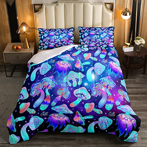 Cute Mushroom Comforter Set For Kids, Cartoon Kawaii Bedding Set Twin Size Galaxy Starry Sky Duvet Sets For Girls Boys Teens,Farmhouse Plant Quilted Duvet 2 Pieces With 1 Pillow Case, Blue P