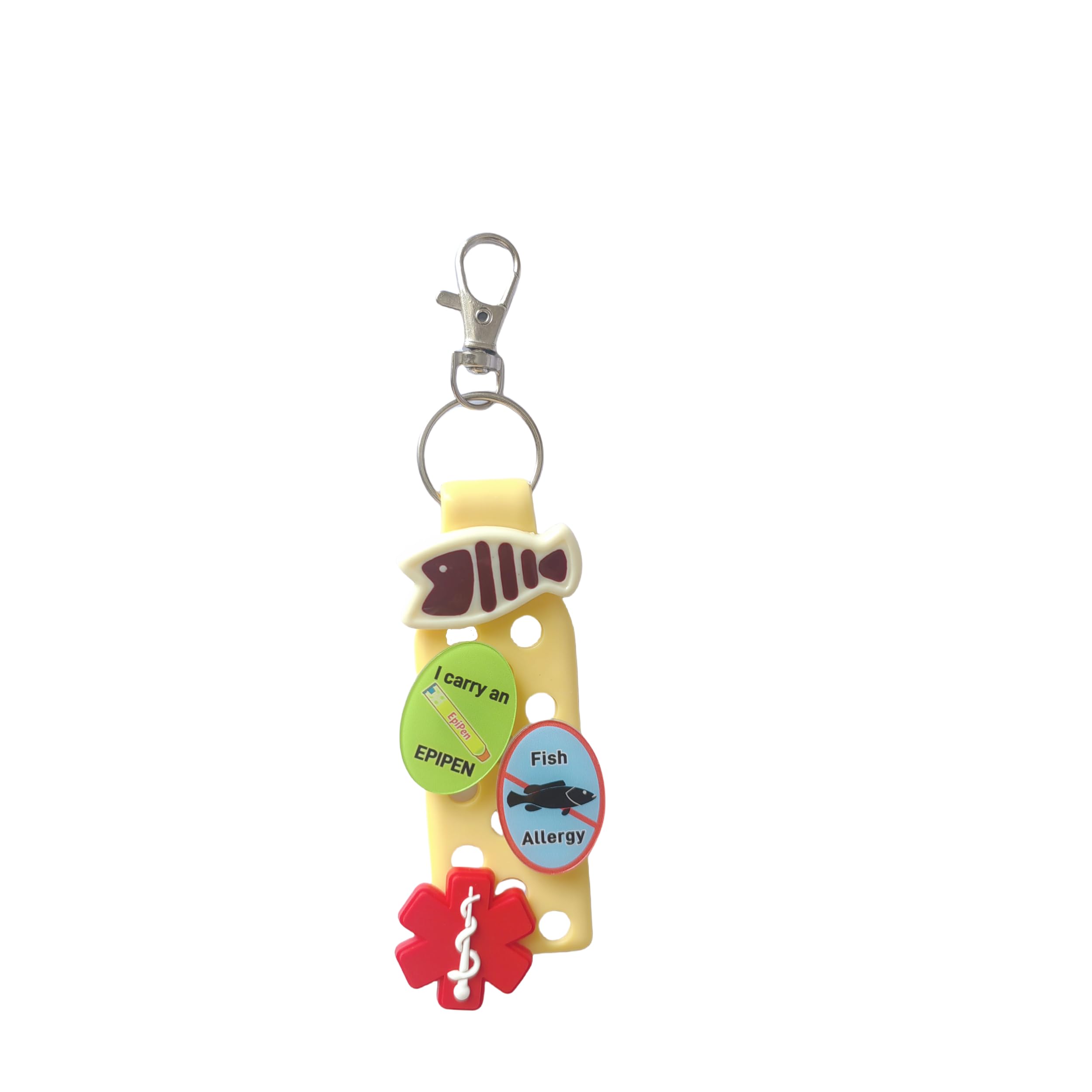Sterculia Unisex Beige And Red Medical Alert Keychain With Epipen Holder And Fish Allergy Id Tags, Emergency Medical Symbol, Default