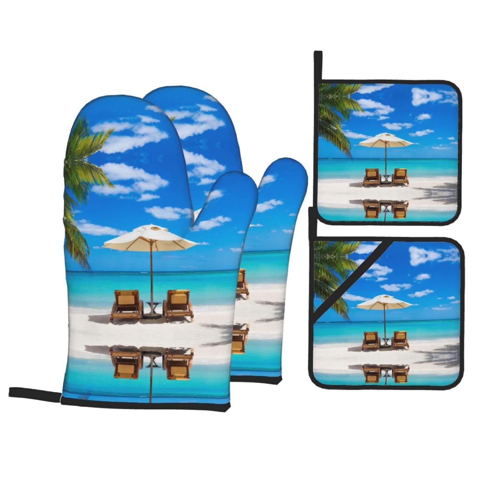 White Beach Tropical Sea Oven Mitt and Pot Holder 4-Piece Set for Kitchen, Outdoor Grill, Baking