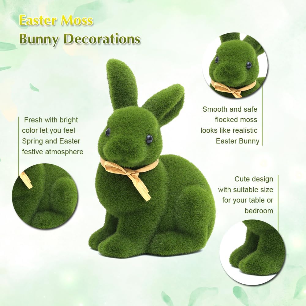 9" Moss Bunny Decor Set of 2,Easter Bunny Decor Figurine for Spring Home Decor,Cute Bunny as Easter Decorations for Table, Garden, or Party Supplies