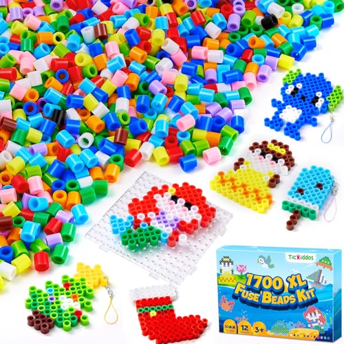 Juego de perlas para planchar de 10 mm, 1700 piezas de perlas para planchar para niños, 12 colores pastel XL con placa de fijación, modelos y papel para planchar, caja de perlas creativas