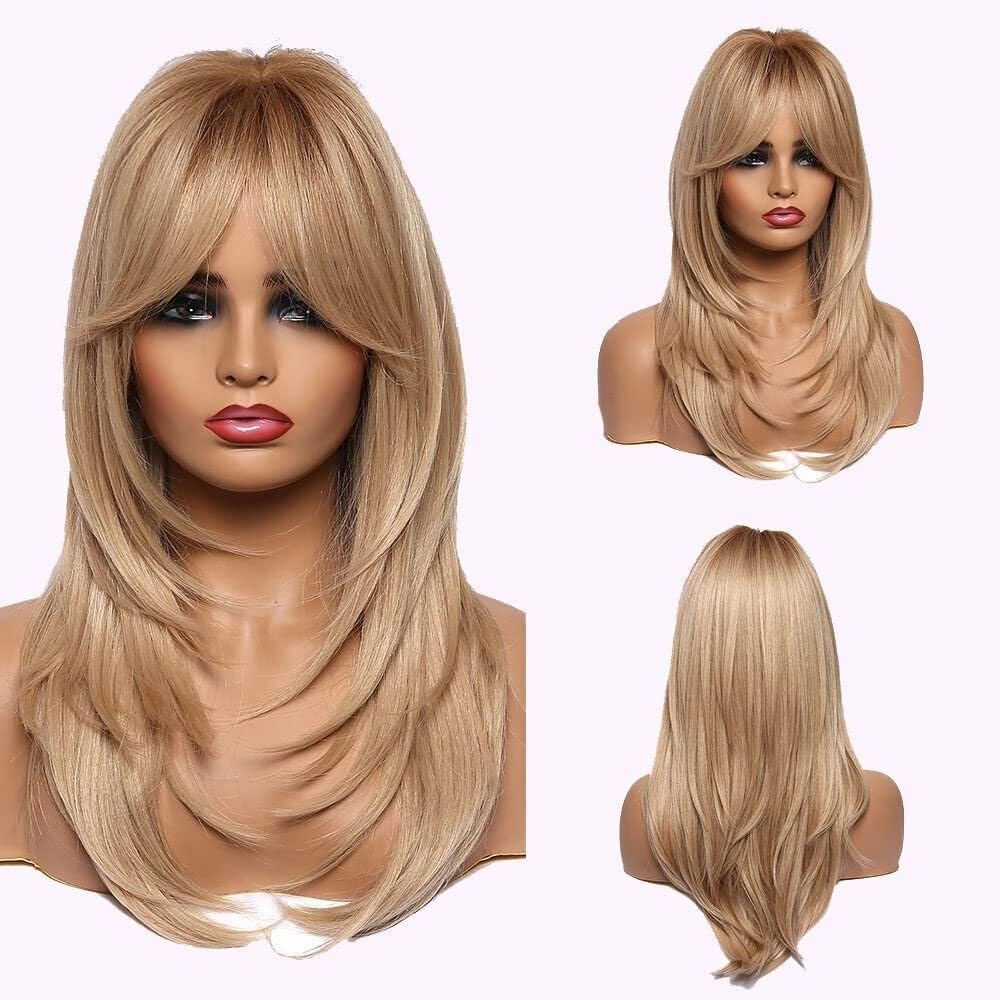 Long Straight Ombre Blonde Wigs with Curtain Bangs for Women, 24'' Layered Wig Natural Looking Heat Resistant Hair for Daily Halloween Party Cosplay