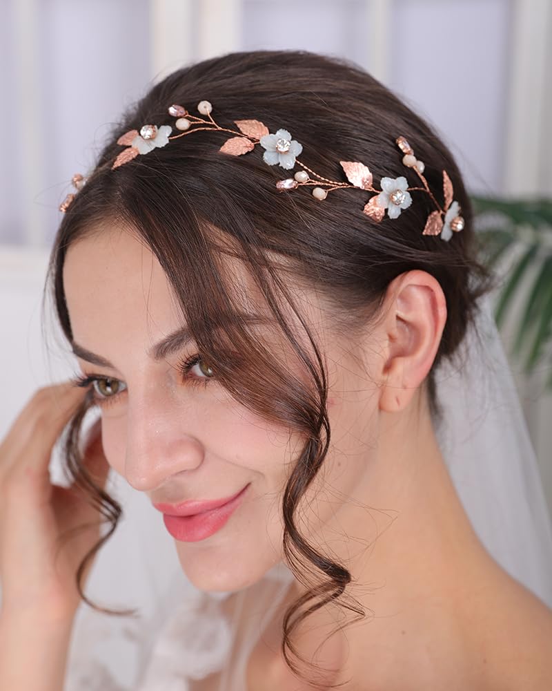 Haarband mit rosegoldenem Blatt und weißer Blume, für Hochzeit, Braut, Brautjungfer, handgefertigtes Stirnband, Haar-Accessoires